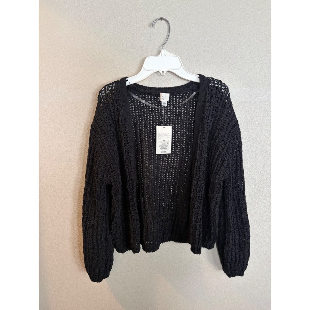 A New Day Womens Black Tape Yarn Open Cardigan Sweater XS New